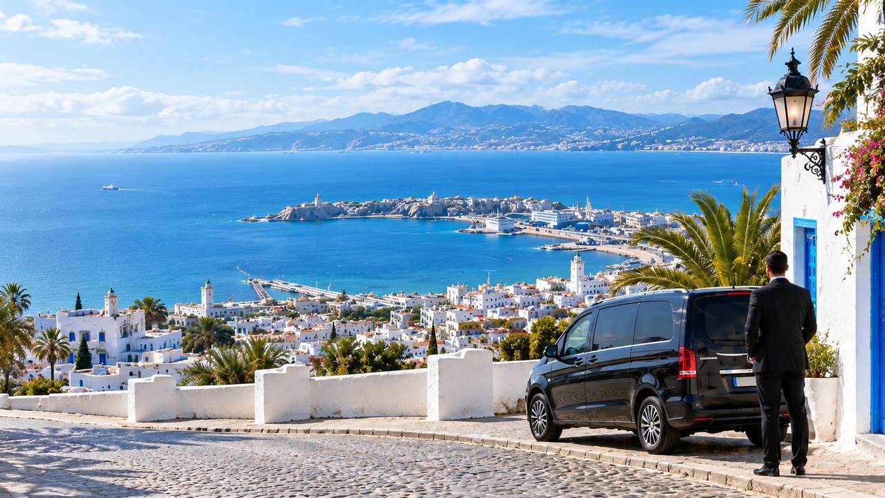 A Tangier Rides chauffeur beside a black van, overlooking the bay and the white medina of Tangier